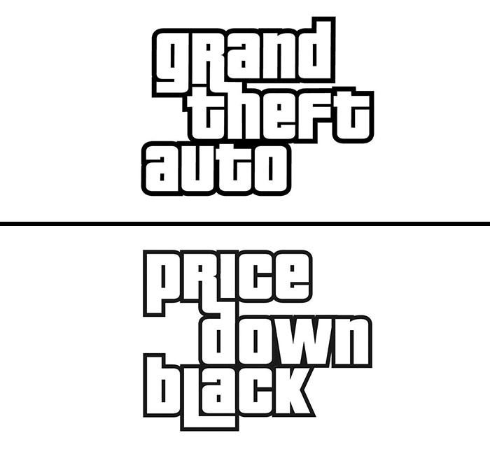 Λογότυπο Grand Theft Auto γραμμένο με τη γραμματοσειρά Pricedown Black